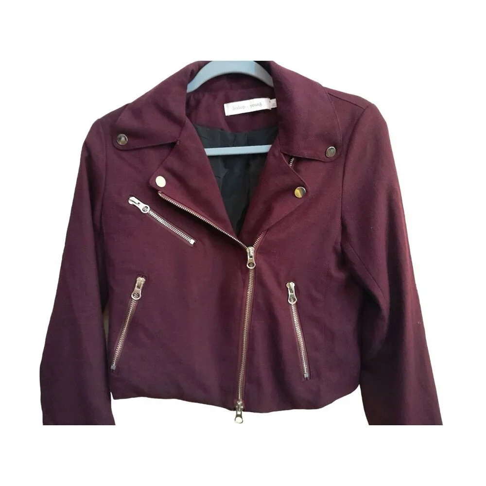 Womens Cropped Moto Streetwear Jacket Gold Zip Details Size Small Burgundy